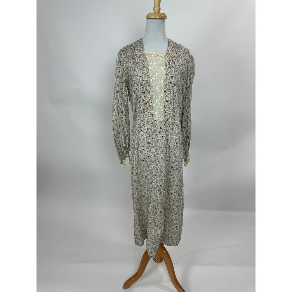 Vintage 1920s 1930s Printed Cotton Lace Inset Day Dress Blue Cream Antique